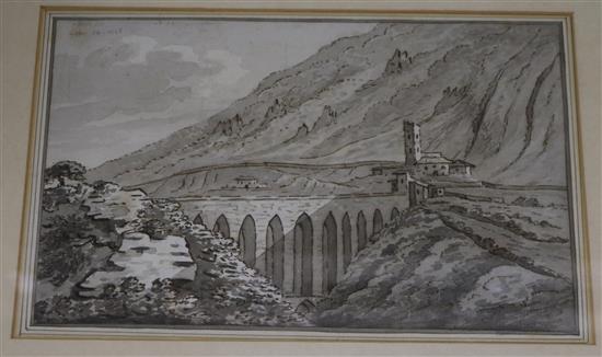 John Fisher - Bishop of Salisbury (1748-1825), pen and monochrome watercolour, Italian landscape with viaduct, c.1785